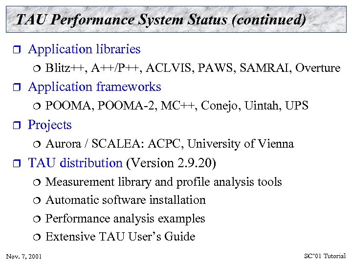 TAU Performance System Status (continued) r Application libraries ¦ r Application frameworks ¦ r