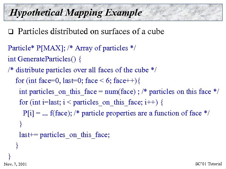 Hypothetical Mapping Example q Particles distributed on surfaces of a cube Particle* P[MAX]; /*