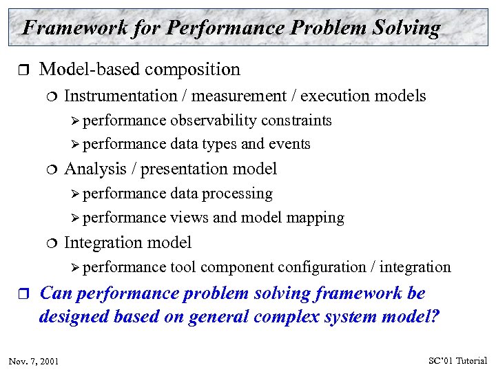 Framework for Performance Problem Solving r Model-based composition ¦ Instrumentation / measurement / execution