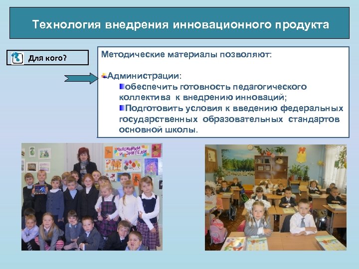Технология внедрения инновационного продукта Для кого? Методические материалы позволяют: Администрации: обеспечить готовность педагогического коллектива