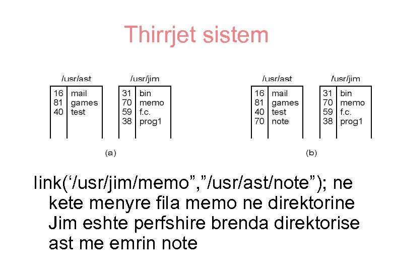 Thirrjet sistem link(‘/usr/jim/memo”, ”/usr/ast/note”); ne kete menyre fila memo ne direktorine Jim eshte perfshire