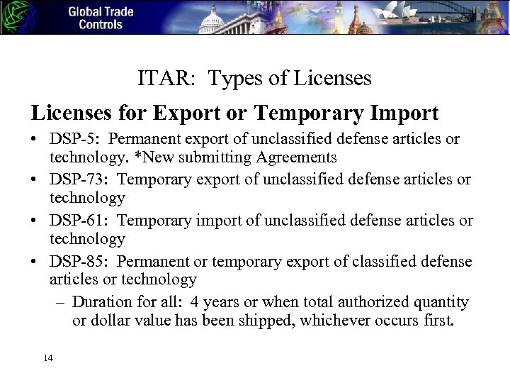 ITAR: Types of Licenses for Export or Temporary Import • DSP-5: Permanent export of