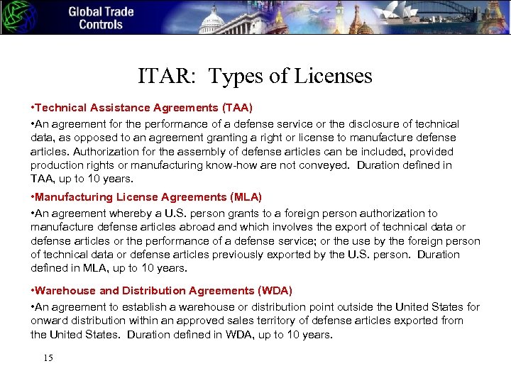 ITAR: Types of Licenses • Technical Assistance Agreements (TAA) • An agreement for the