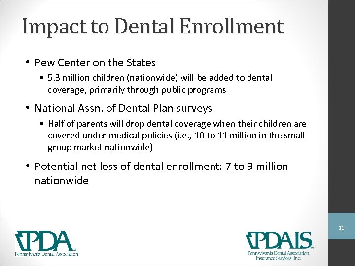 Impact to Dental Enrollment • Pew Center on the States § 5. 3 million