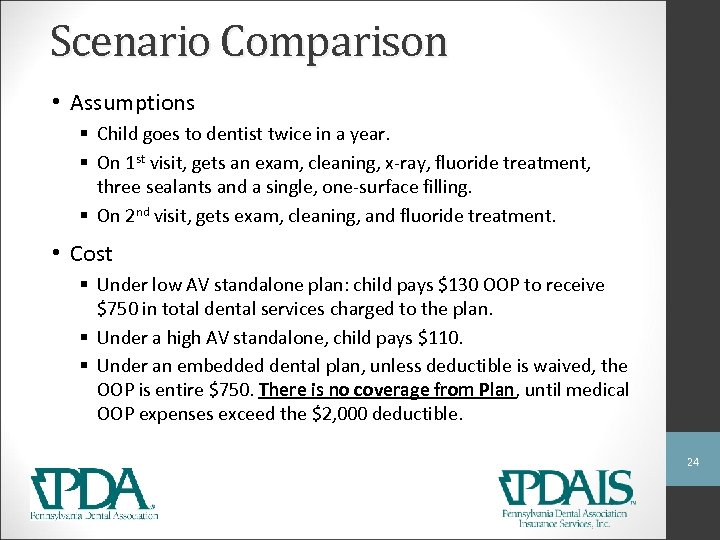 Scenario Comparison • Assumptions § Child goes to dentist twice in a year. §