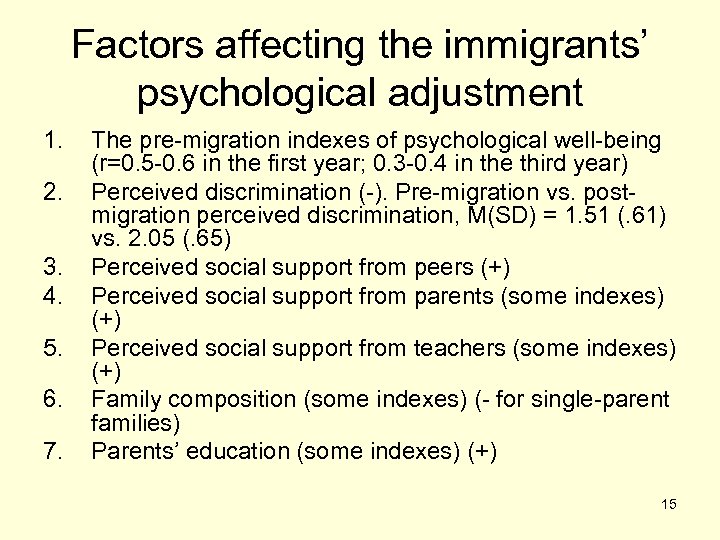 Factors affecting the immigrants’ psychological adjustment 1. 2. 3. 4. 5. 6. 7. The