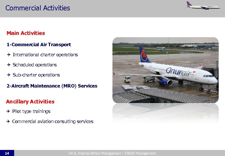 Commercial Activities Main Activities 1 -Commercial Air Transport International charter operations Scheduled operations Sub-charter