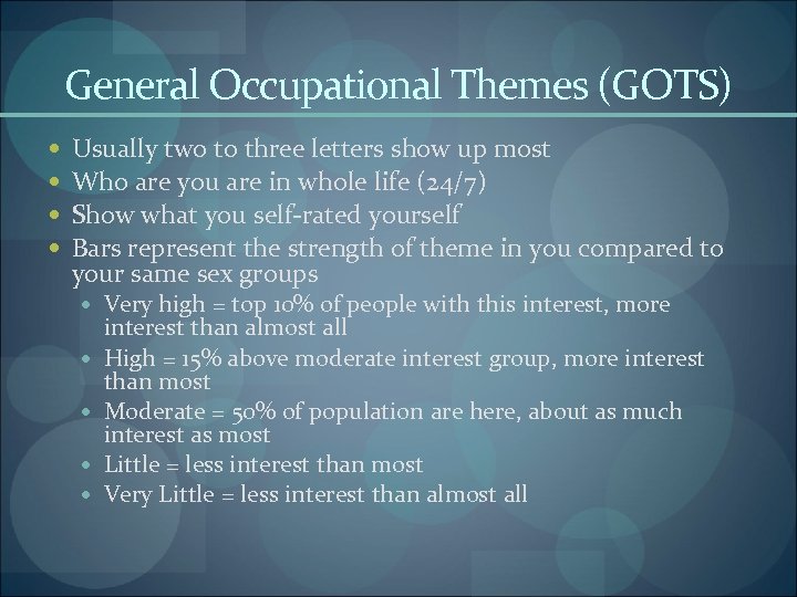 General Occupational Themes (GOTS) Usually two to three letters show up most Who are