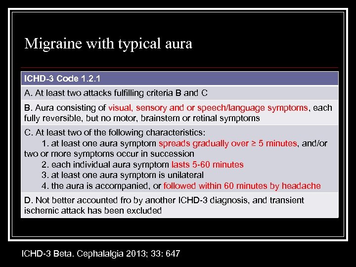 Migraine with typical aura ICHD-3 Code 1. 2. 1 A. At least two attacks