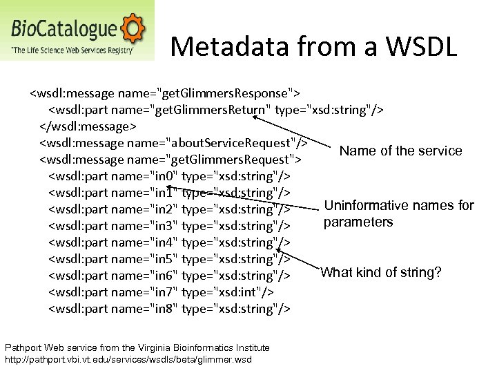 Metadata from a WSDL <wsdl: message name="get. Glimmers. Response"> <wsdl: part name="get. Glimmers. Return"