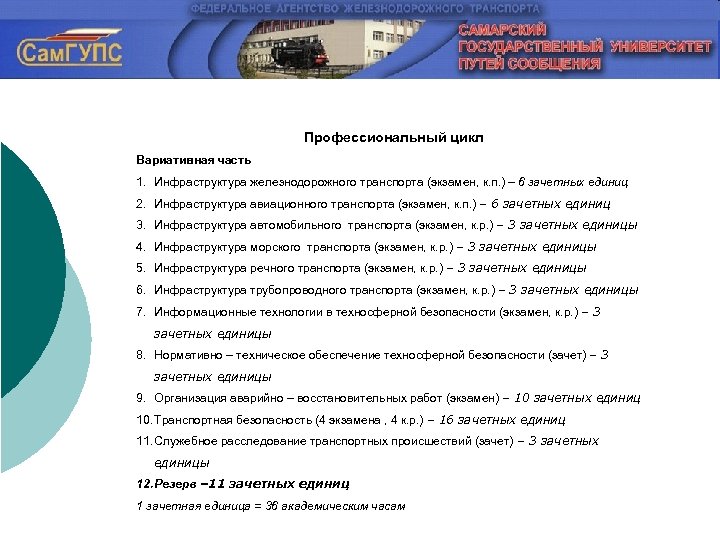 Профессиональный цикл Вариативная часть 1. Инфраструктура железнодорожного транспорта (экзамен, к. п. ) – 6