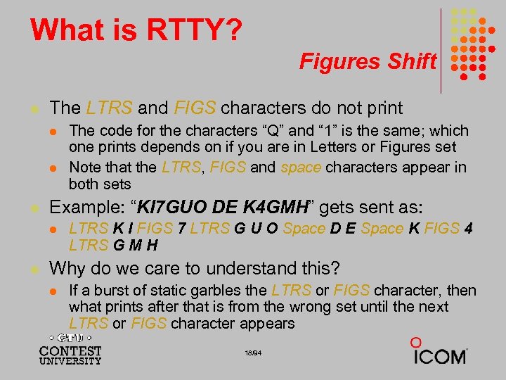 What is RTTY? Figures Shift l The LTRS and FIGS characters do not print