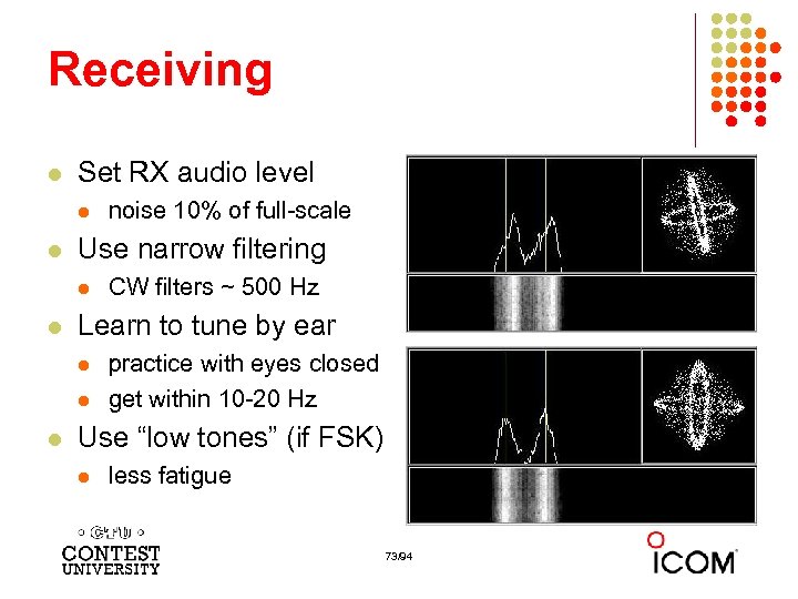 Receiving l Set RX audio level l l Use narrow filtering l l CW