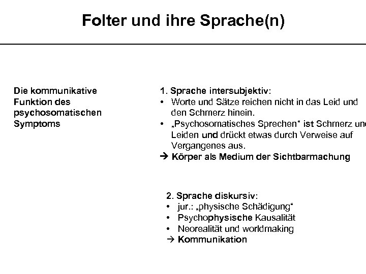 Folter und ihre Sprache(n) __________________________ Die kommunikative Funktion des psychosomatischen Symptoms 1. Sprache intersubjektiv: