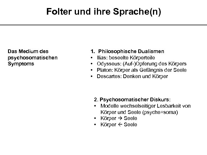 Folter und ihre Sprache(n) __________________________ Das Medium des psychosomatischen Symptoms 1. • • Philosophische