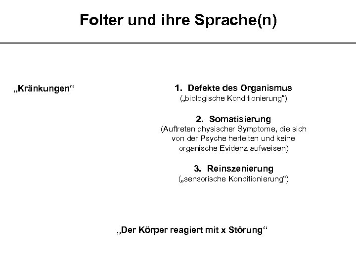 Folter und ihre Sprache(n) __________________________ „Kränkungen“ 1. Defekte des Organismus („biologische Konditionierung“) 2. Somatisierung