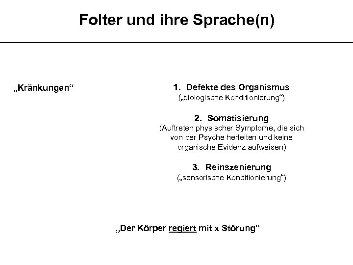 Folter und ihre Sprache(n) __________________________ „Kränkungen“ 1. Defekte des Organismus („biologische Konditionierung“) 2. Somatisierung