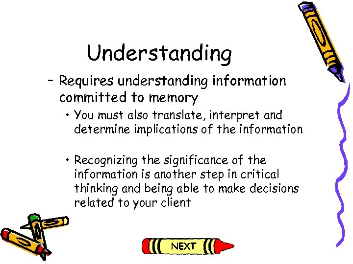 Understanding – Requires understanding information committed to memory • You must also translate, interpret