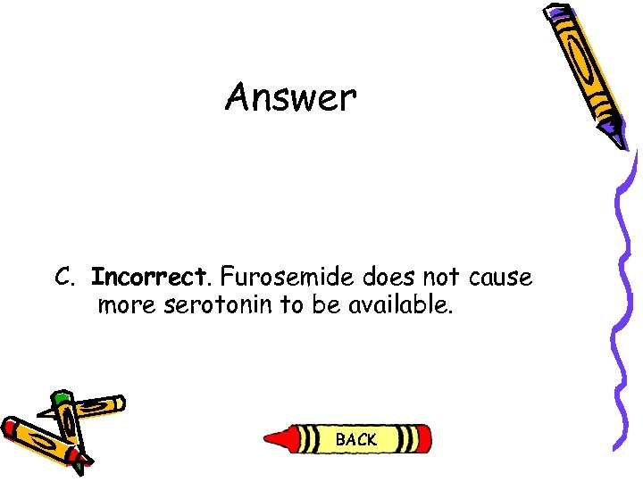 Answer C. Incorrect. Furosemide does not cause more serotonin to be available. 