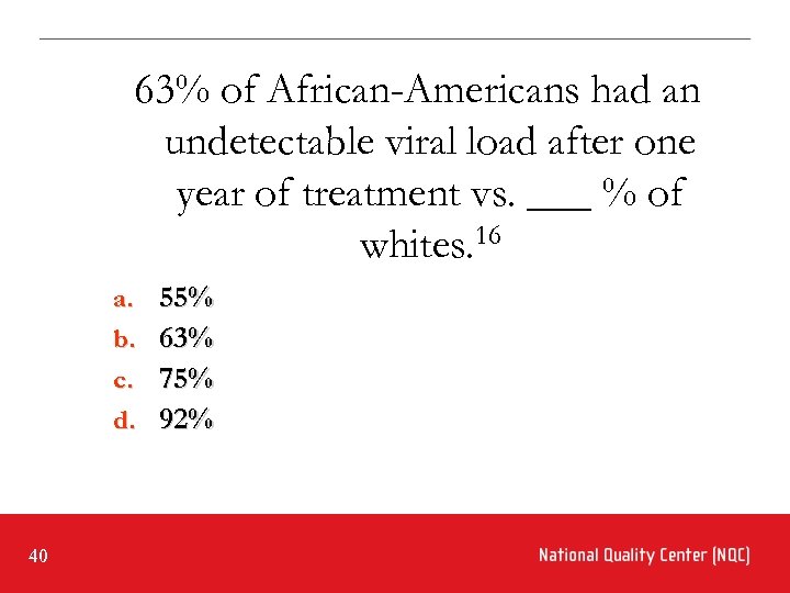 63% of African-Americans had an undetectable viral load after one year of treatment vs.