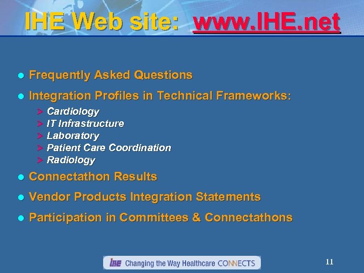 IHE Web site: www. IHE. net l Frequently Asked Questions l Integration Profiles in