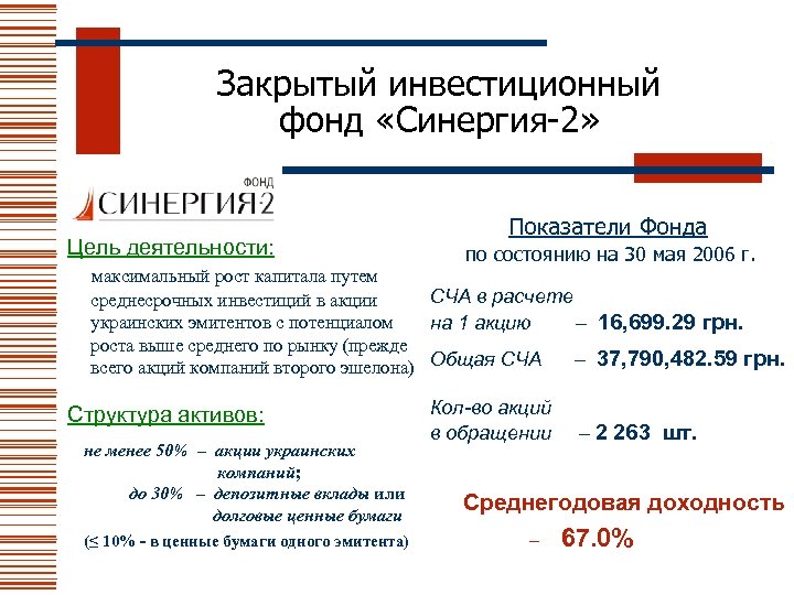 Закрытый инвестиционный фонд «Синергия-2» Показатели Фонда Цель деятельности: по состоянию на 30 мая 2006