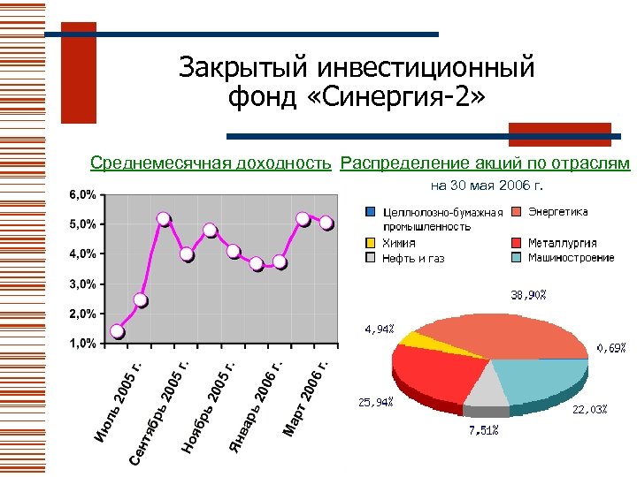 Закрытый инвестиционный фонд «Синергия-2» Среднемесячная доходность Распределение акций по отраслям на 30 мая 2006