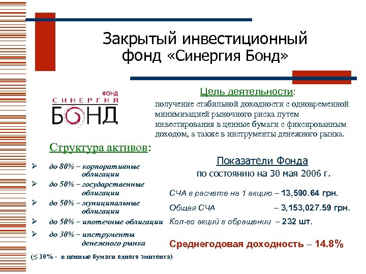 Закрытый инвестиционный фонд «Синергия Бонд» Цель деятельности: получение стабильной доходности с одновременной минимизацией рыночного