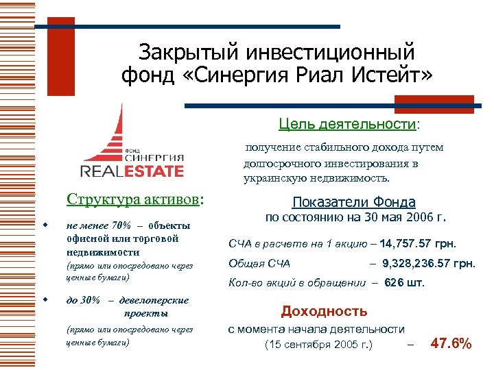 Закрытый инвестиционный фонд «Синергия Риал Истейт» Цель деятельности: получение стабильного дохода путем долгосрочного инвестирования