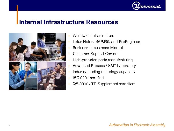 Internal Infrastructure Resources • Worldwide infrastructure • Lotus Notes, SAP/R 5, and Pro. Engineer