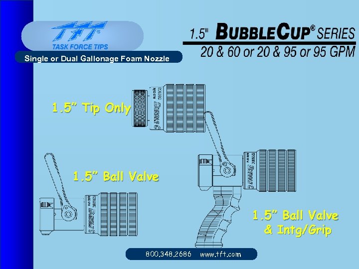 Single or Dual Gallonage Foam Nozzle 1. 5” Tip Only 1. 5” Ball Valve