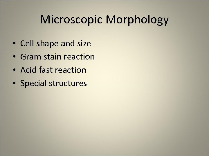 Microscopic Morphology • • Cell shape and size Gram stain reaction Acid fast reaction