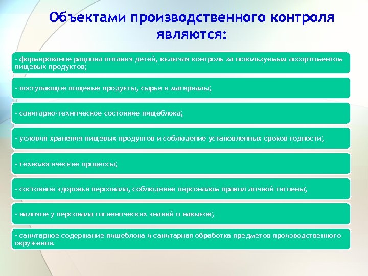 Объектами производственного контроля являются: - формирование рациона питания детей, включая контроль за используемым ассортиментом