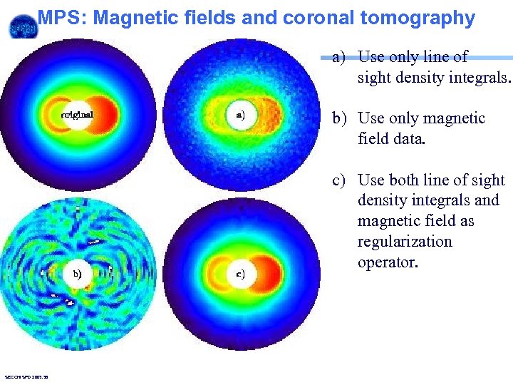 MPS: Magnetic fields and coronal tomography a) Use only line of sight density integrals.