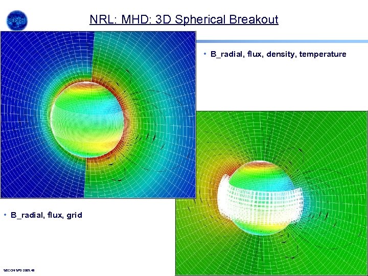 NRL: MHD: 3 D Spherical Breakout • B_radial, flux, density, temperature • B_radial, flux,