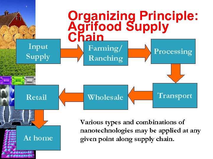 Input Supply Retail At home Organizing Principle: Agrifood Supply Chain Farming/ Ranching Processing Wholesale