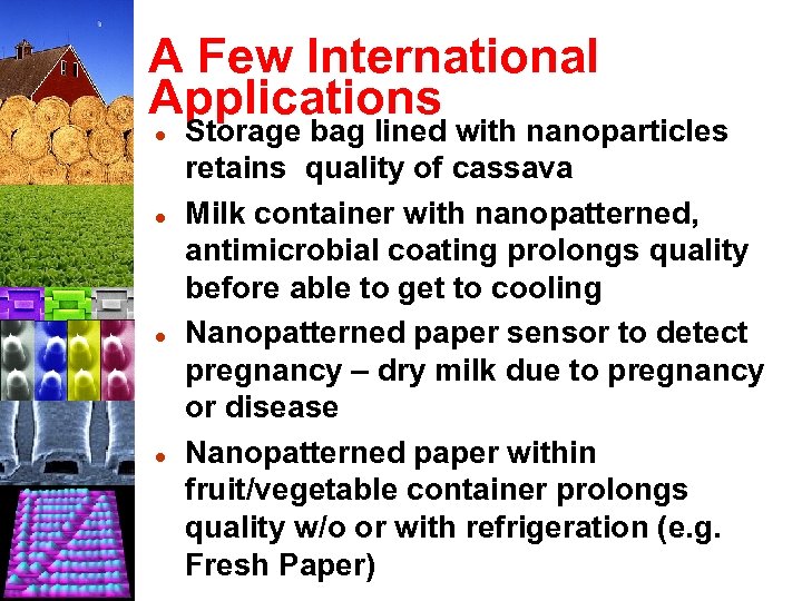 A Few International Applications l l Storage bag lined with nanoparticles retains quality of