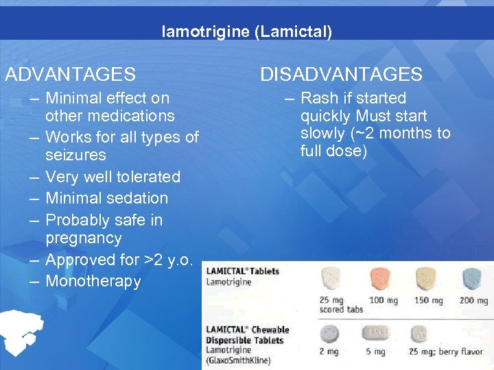lamotrigine (Lamictal) ADVANTAGES – Minimal effect on other medications – Works for all types