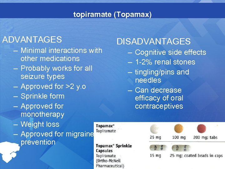 topiramate (Topamax) ADVANTAGES – Minimal interactions with other medications – Probably works for all