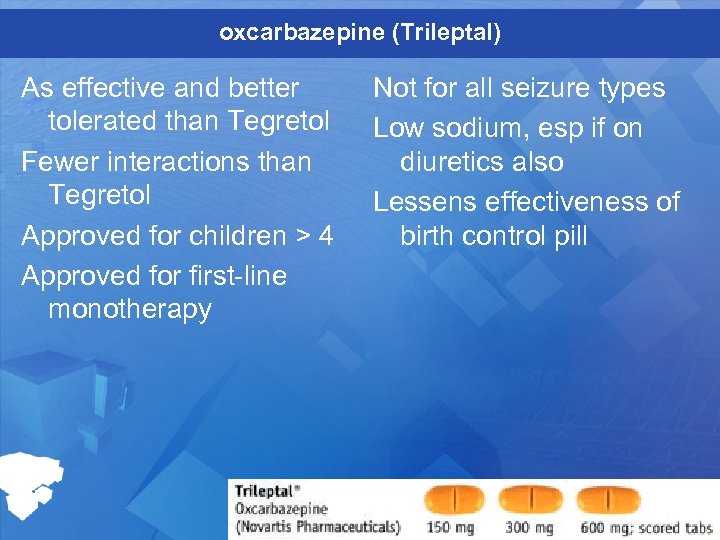 oxcarbazepine (Trileptal) As effective and better tolerated than Tegretol Fewer interactions than Tegretol Approved