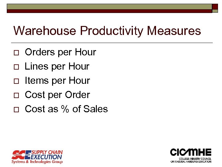 Warehouse Productivity Measures o o o Orders per Hour Lines per Hour Items per