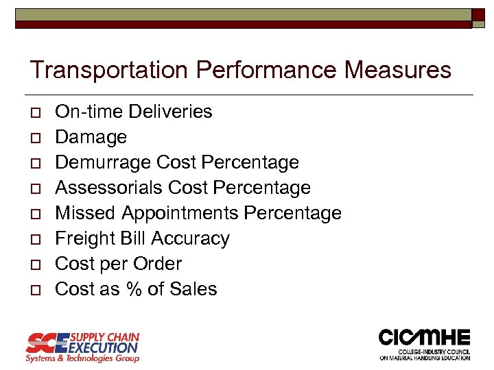 Transportation Performance Measures o o o o On-time Deliveries Damage Demurrage Cost Percentage Assessorials