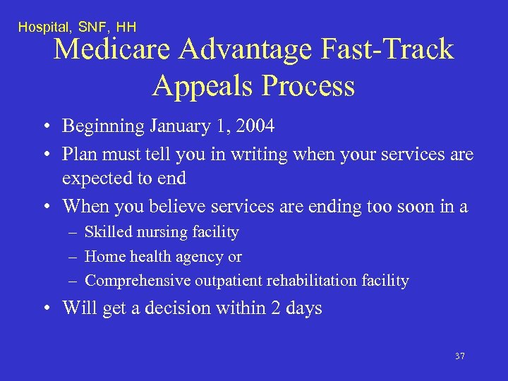 Hospital, SNF, HH Medicare Advantage Fast-Track Appeals Process • Beginning January 1, 2004 •
