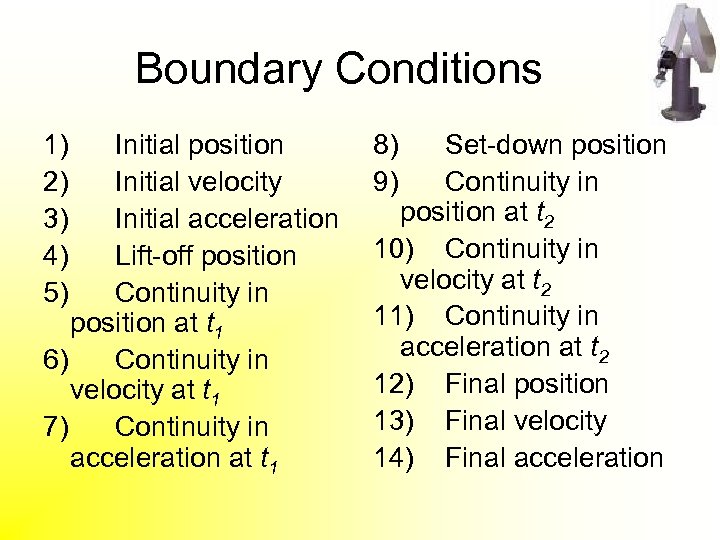 Boundary Conditions 1) 2) 3) 4) 5) Initial position Initial velocity Initial acceleration Lift-off