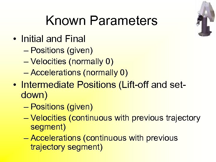 Known Parameters • Initial and Final – Positions (given) – Velocities (normally 0) –