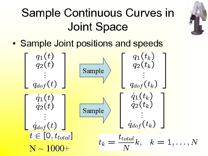 Sample Continuous Curves in Joint Space • Sample Joint positions and speeds Sample N