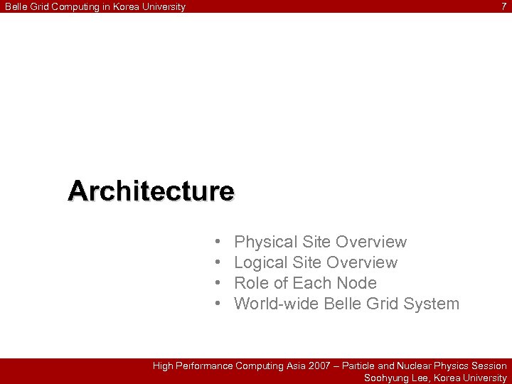 Belle Grid Computing in Korea University 7 Architecture • • Physical Site Overview Logical