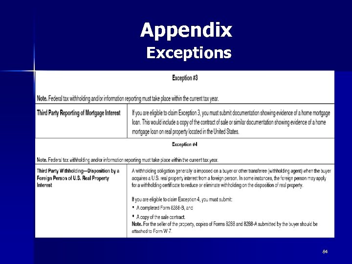 Appendix Exceptions 84 