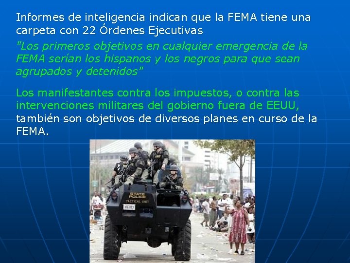 Informes de inteligencia indican que la FEMA tiene una carpeta con 22 Órdenes Ejecutivas