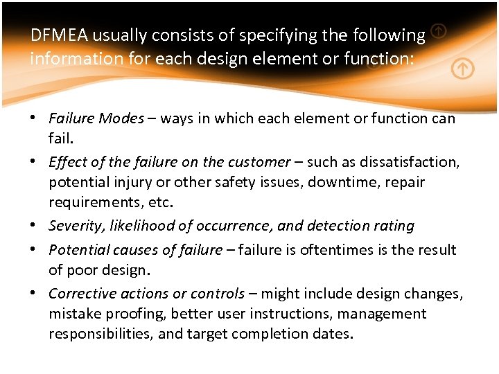 DFMEA usually consists of specifying the following information for each design element or function: